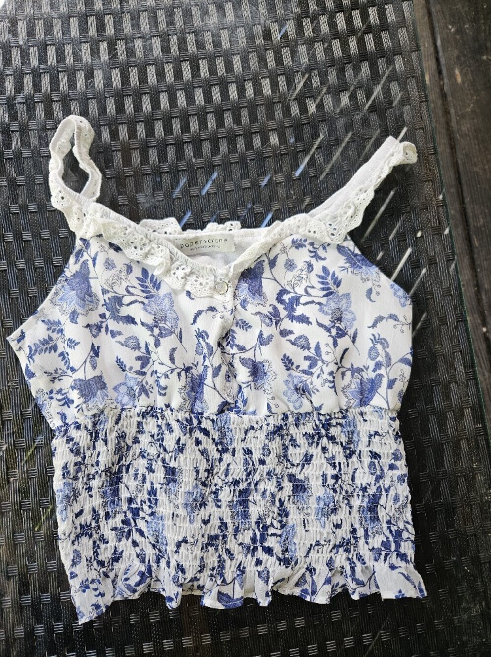 Urban Outfitters White and Blue Floral Lace-Trim Smocked Cami